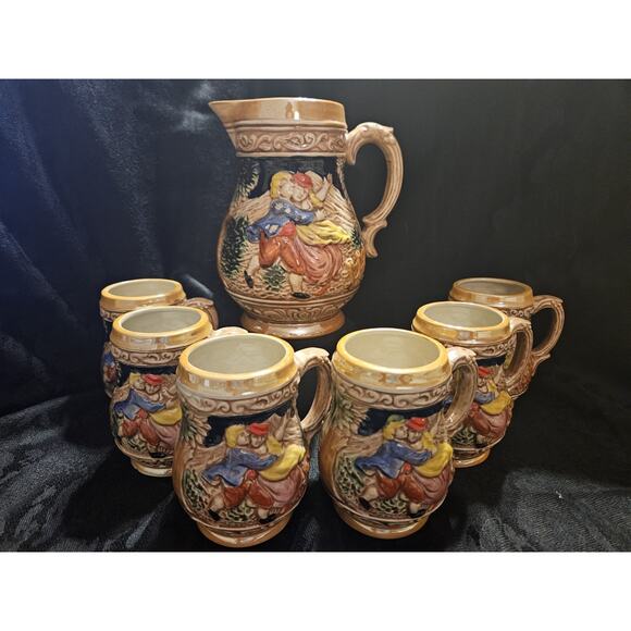 Bavarian- German Style Ceramic Beer Pitcher & 6 Stein Mugs - 2 Scenes - Picture 1 of 11